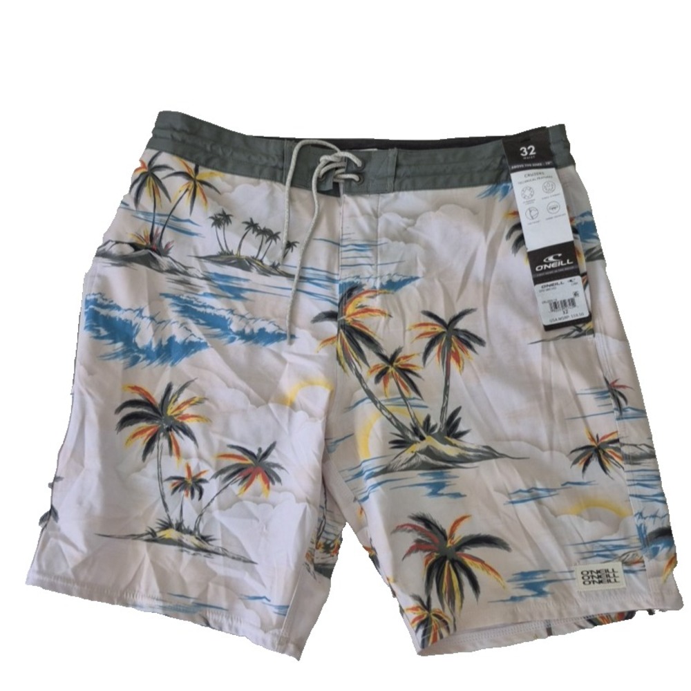 Oneill SwimTrunks Mens 32 Palm Tree AOP Cruzers Above the Knee 19 Boardshort NEW